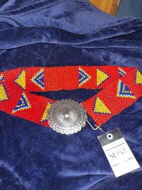 Vintage Red Beaded Southwestern/Boho Waist Belt with Decorative Silver Conch